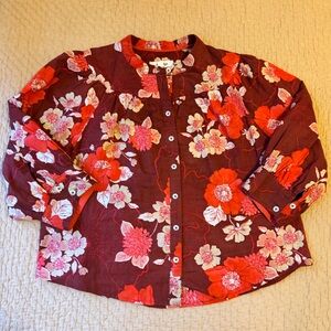 Porridge Red Floral Puff-Sleeved Button-Up Peasant Top, 3/4 Sleeves, MP, EUC!